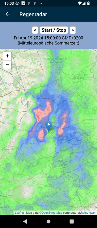 Regenradar Screenshot. Heftiger Regen zieht über den Standort-Marker.