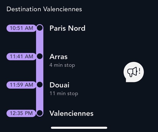 TGV 7195 schedule. Paris 10:51, Arras 4 min stop, Douai 11 min stop, Valenciennes arrive 12:35
