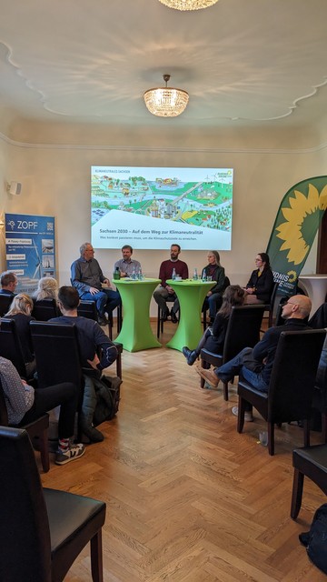 Podium mit Claudia Maicher, Daniel Gerber, Andreas Arens, Heike Wex und Falk Zeuner diskutieren über Potenziale & Herausforderung auf dem Weg zur Klimaneutralität