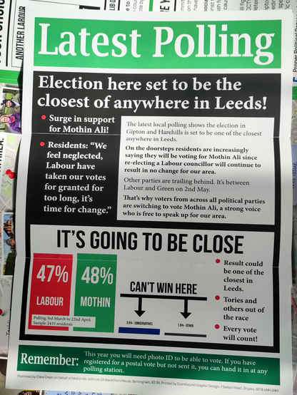 Ein Flugblatt, das die wählenden darüber aufklärt dass nur Labour und grüne hier eine Chance haben