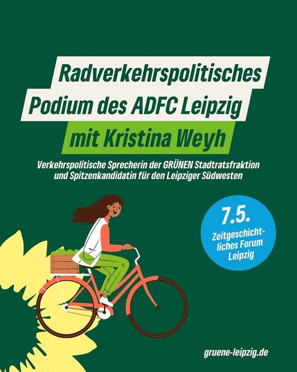 Grünes Sharepic mit einer Frau auf einem Fahrrad im Comic-Stil. Die Headline lautet: 