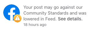 Your post may go against our
Community Standards and was
lowered in Feed. See details.
18 hours ago
