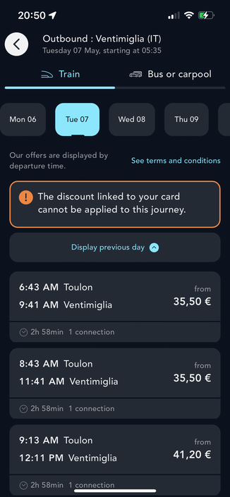 SNCF Connect Shows correct departure from Toulon