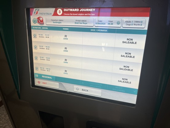 Ticket machine at Ventimiglia showing trains but no prices to Breil sur Roya