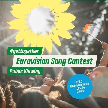 #GetTogether
Eurovision Song Contest
Public viewing

und der Ort aus dem Post
auf dem Bild ist eine gelbe Sonnenblume
verschwommen sind Menschen zu sehen, die tanzen und eine Regenbogen Flagge schwenken