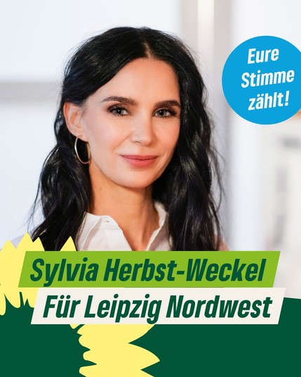 Grünes Sharepic mit einem Foto von Sylvia Herbst-Weckel. In der Headline steht: 