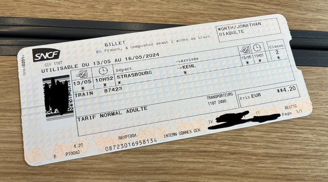A SNCF ticket for Strasbourg - Kehl on paper. 