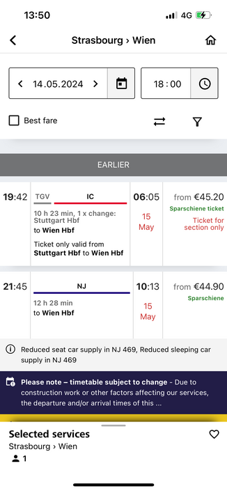 ÖBB Screenshot showing Nightjet prices
