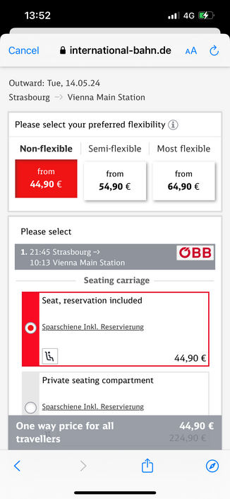 DB Screenshot showing Nightjet prices