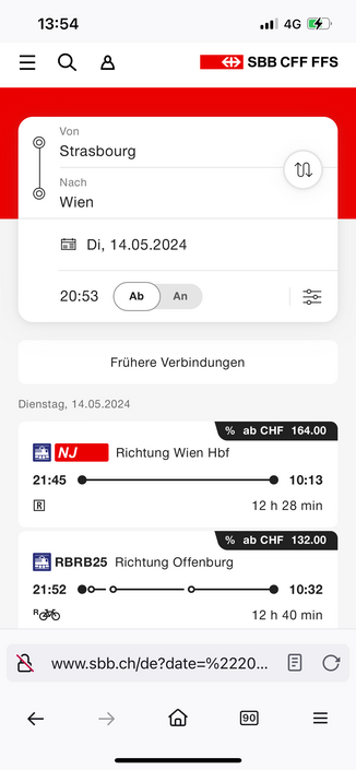 SBB Screenshot showing Nightjet prices