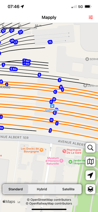 Track plan at Dijon station. Track numbers are marked in blue. Orange lines are main through lines. Black lines are terminus and service lines