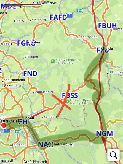 Map of rail lines east of Frankfurt. A green stripe indicates the likely route to Fulda. 