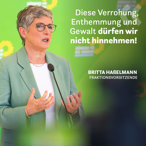 Im Hintergrund ist ein Foto der Fraktionsvorsitzenden Britta Haßelmann. Auf der rechten Bildseite steht der Text 