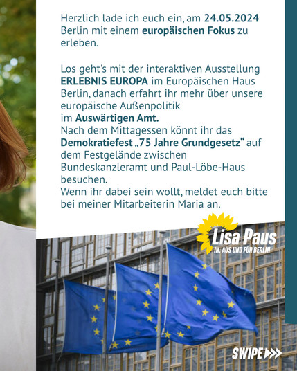 Flyer Text: 

Los geht's mit der interaktiven Ausstellung ERLEBNIS EUROPA im Europäischen Haus Berlin,

danach erfahrt ihr mehr über unsere europäische Außenpolitik im Auswärtigen Amt.

Nach dem Mittagessen könnt ihr das Demokratiefest 