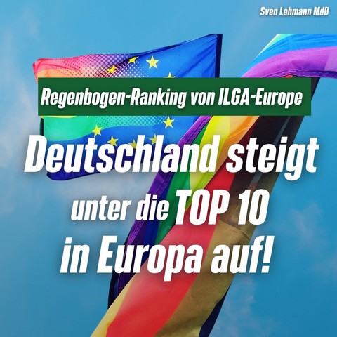 Plakat mit folgender Aufschrift:

Regenbogen-Ranking von ILGA-Europa 

Deutschland steigt unter die Top 10 in Europa auf!