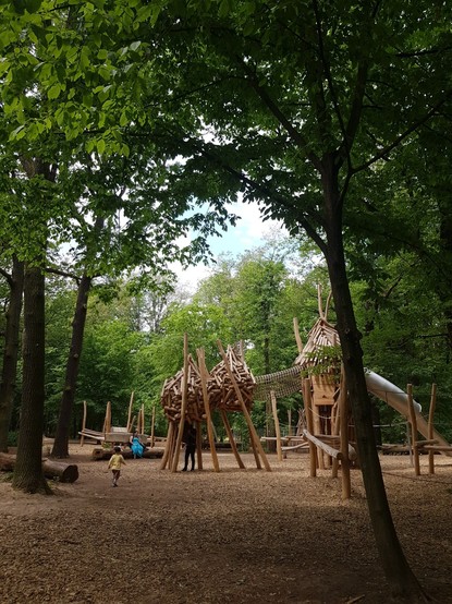 Im Wald steht ein Klettergerüst mit einer Art Eichhörnchen Koben aus Holz für Kinder