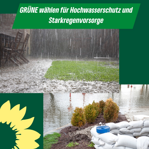 Text: „Grüne wählen für Hochwasserschutz und Starkregenvorsorge“ Foto von Starkregen in einem Garten und ein Foto mit Sandsäcken und Hochwasser. Links unten in der Ecke gelbes Sonnenblumenlogo.