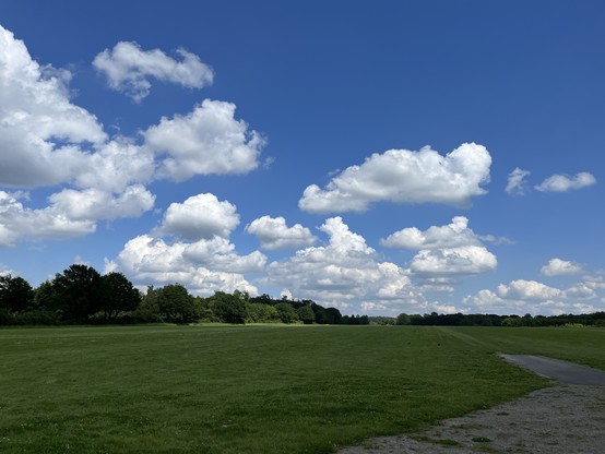 Blick über den Segelflugplatz Langenfeld, darüber strahlend blauer Himmel mit Wölkchen. 