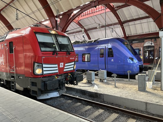 Red Vectron to the left. Purple Alstom Coradia to the right. Curved wooden roof above. 