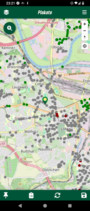 Screenshot einer Karte mit vielen grauen Punkten und nur an den Rändern ein paar grüne Punkte.
