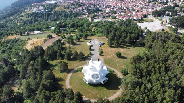 Drone pic - Illinden memorial - taken high up, memorial is central, town behind 