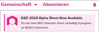 A screenshot of a Roll20 notification about the new D&D 2024 Alpha Sheet