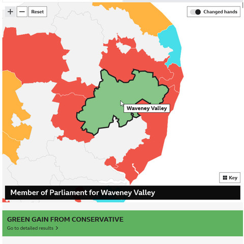 UK General election 2024

Green gain from Conservative:

WaveneyValley results

https://www.bbc.com/news/election/2024/uk/constituencies/E14001569
