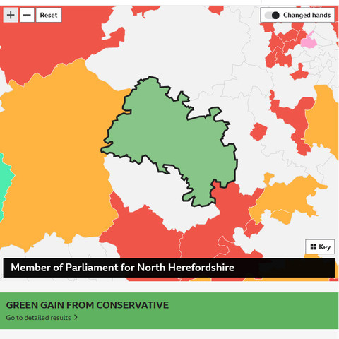 UK General election 2024

Green gain from Conservative:

North Herefordshire results
https://www.bbc.com/news/election/2024/uk/constituencies/E14001395
