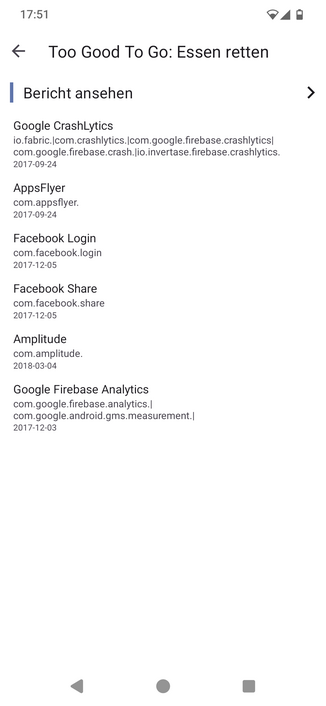 Screenshot der Aurora Store App mit der Anzeige des Datenschutzberichts der Too Good To Go App. Eingebunden werden Google CrashLytics, AppsFlyer, Facebook Login, Facebook Share, Amplitude und Google Firebase Analytics.