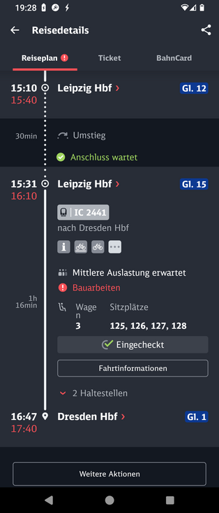 Screenshot aus dem DB-Navigator. Der letzte Zug der Reise zeigt, dass Dresden Hbf mit einer Verspätung von 53 Minuten erreicht wurde.