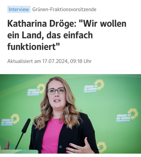 Screenshot vom verlinkten Interview bei Web.de mit der Überschrift: „Katharina Dröge: 'Wir wollen ein Land, das einfach funktioniert'“