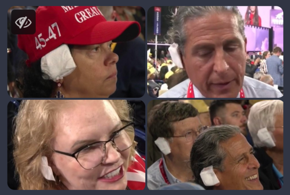 Vier Fotos von fundamental-religiösen Trumpist:innen, die sich nach dem missglückten Anschlag auf Trump das rechte Ohr abgeschnitten haben - bzw. mit einem Verband eine Verletzung  und Solidarisierung vortäuschen.