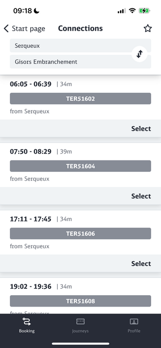Timetable for a Monday Serqueux - Gisors showing 4 direct trains 