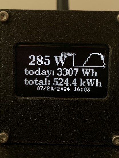 OpenDTU Box mit Anzeige 285W momentan, 3307Wh Tagesertrag.