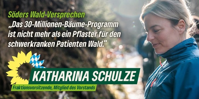 Plakat der Grünen mit einem Bild von Katharina Schulze im Hintergrund. Text im Vordergrund:  