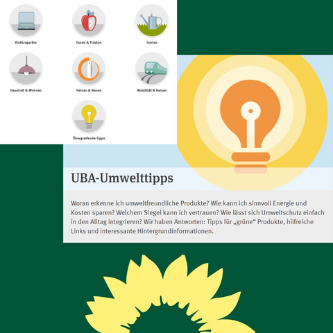 Tannengrüner Hintergrund mit Screenshots von der Homepage des Umweltbundesamtes. Darunter halbes, gelbes Sonnenblumenlogo.
