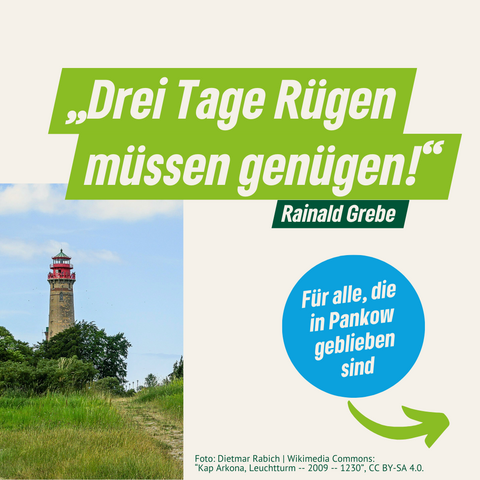 Ein Foto des Leuchtturms am Kap Arkona auf Rügen, dazu der Text: 