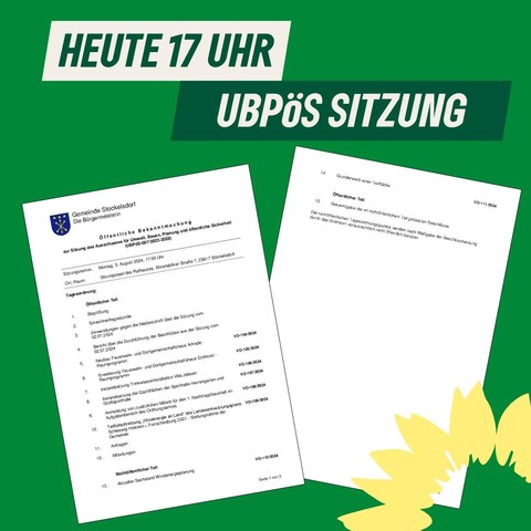 Heute 17 Uhr Sitzung des Ausschuss für Umwelt, Bauen, Planung und öffentliche Sicherheit. Die komplette Tagesordnung findet sich unter https://stockelsdorf.ris-portal.de/web/guest/sitzungen?sitzungId=139421