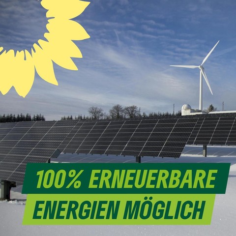 100% erneuerbare Energien möglich.

Im Hintergrund PV- und eine Windenenergieanlage vor einer auf einer schneebedeckten  Landschaft.
