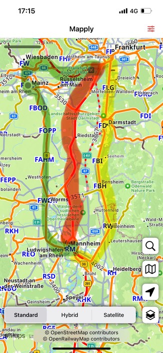 Rail map of lines between Mannheim and Frankfurt 