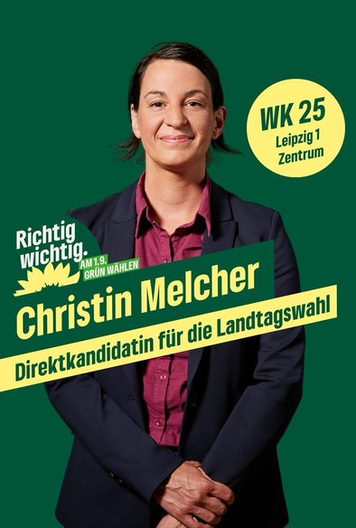 Grünes Sharepic mit einem Foto von Christin Melcher. In der Headline steht: 