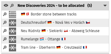 New Discoveries 2024 - to be allocated (5)
DE CH Border stone between tracks
Deutschneudorf - Nová Ves v Horách
Neu Rüdnitz - Siekierki - Abzweig Schleuse
Rumelange - Ottange
Tram line - Überherrn - Creutzwald