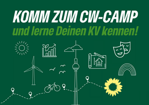 Grüner Flyer mit grafischer Darstellung von Fahrrad mit Radweg, Windrad, Sonne, Wolken, Masken, Regenbogen, Fernsehturm, und technischer Zeichnung

Schrift:
Komm zum CW-Camp und lerne deinen KV kennen!