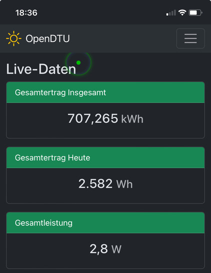 OpenDTU Webseite zeigt 707kWh Gesamtertrag und 2582Wh Tagesertrag an.