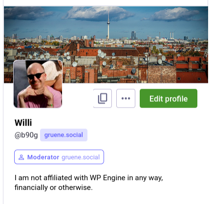 Profile showing:

 I am not affiliated with WP Engine in any way, financially or otherwise.