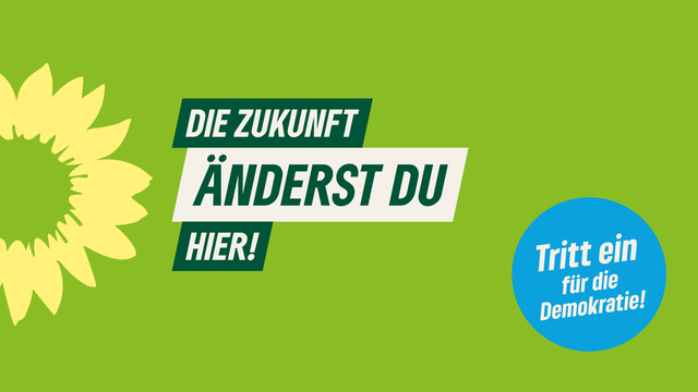 Sharepic im Grünen-Design:
Die Zukunft änderst du hier!
Tritt ein für die Demokratie